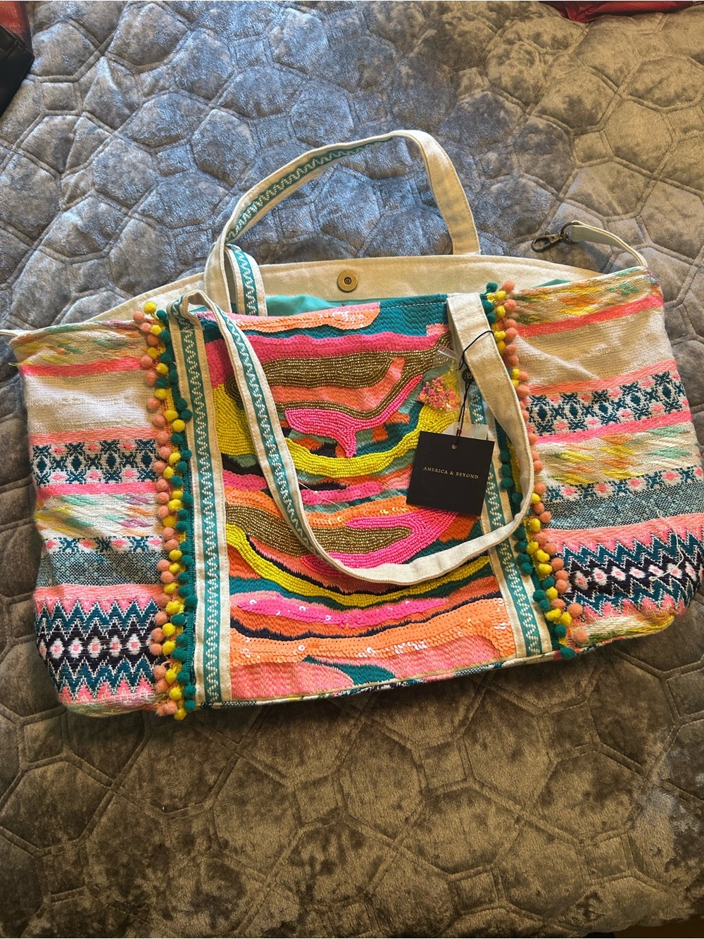 America & Beyond Colorful Embroidered Pom-Pom Tote